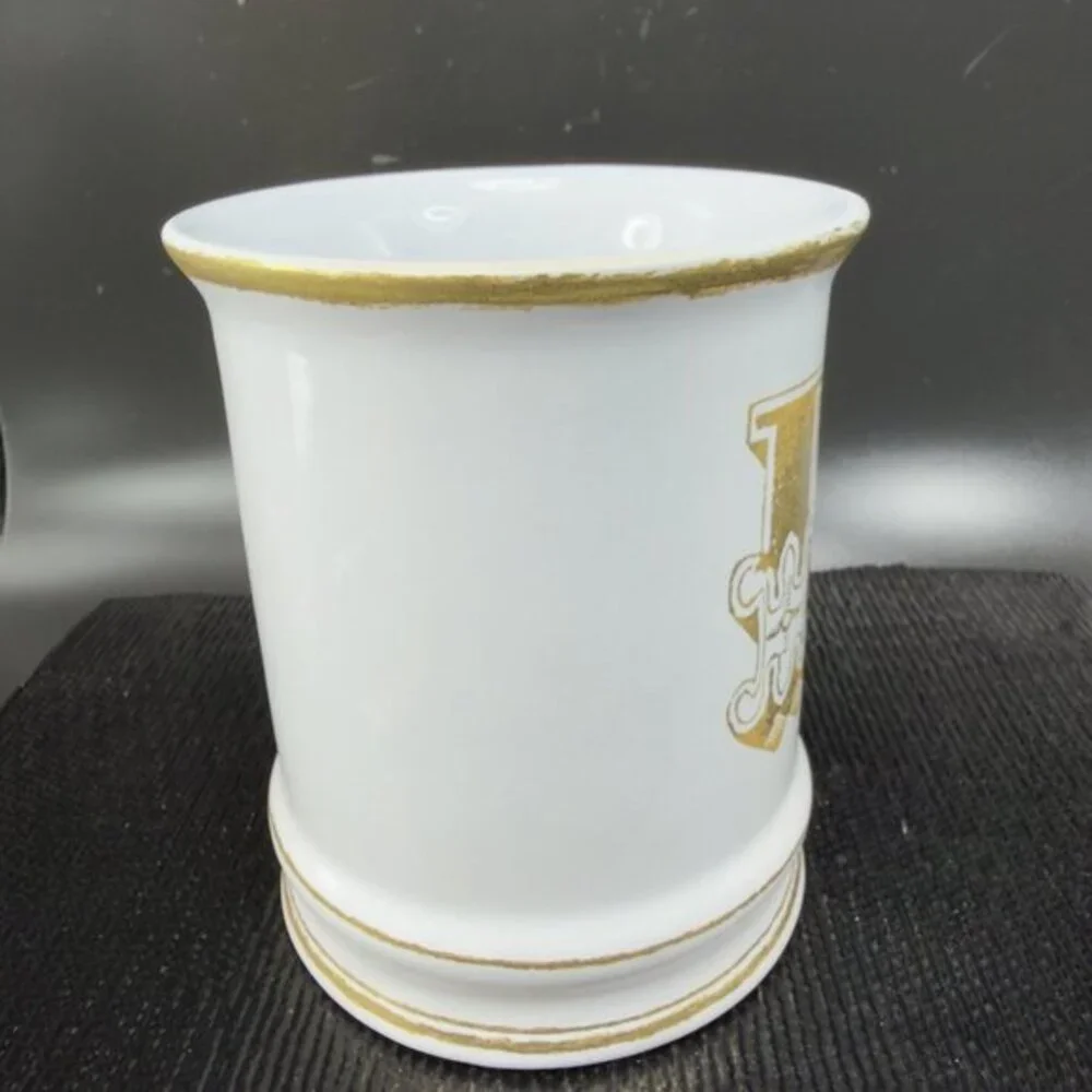 Williams Sonoma Brushed Gold Monogram Letter R Ceramic White Gold Coffee Mug Cup